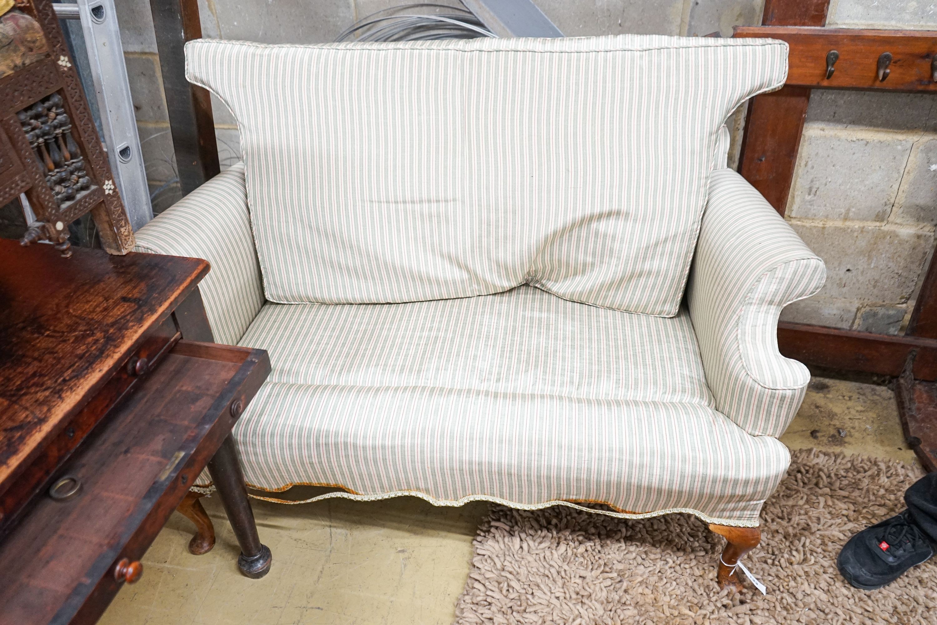 A small Queen Anne style upholstered two seater settee, length 126cm, depth 70cm, height 82cm